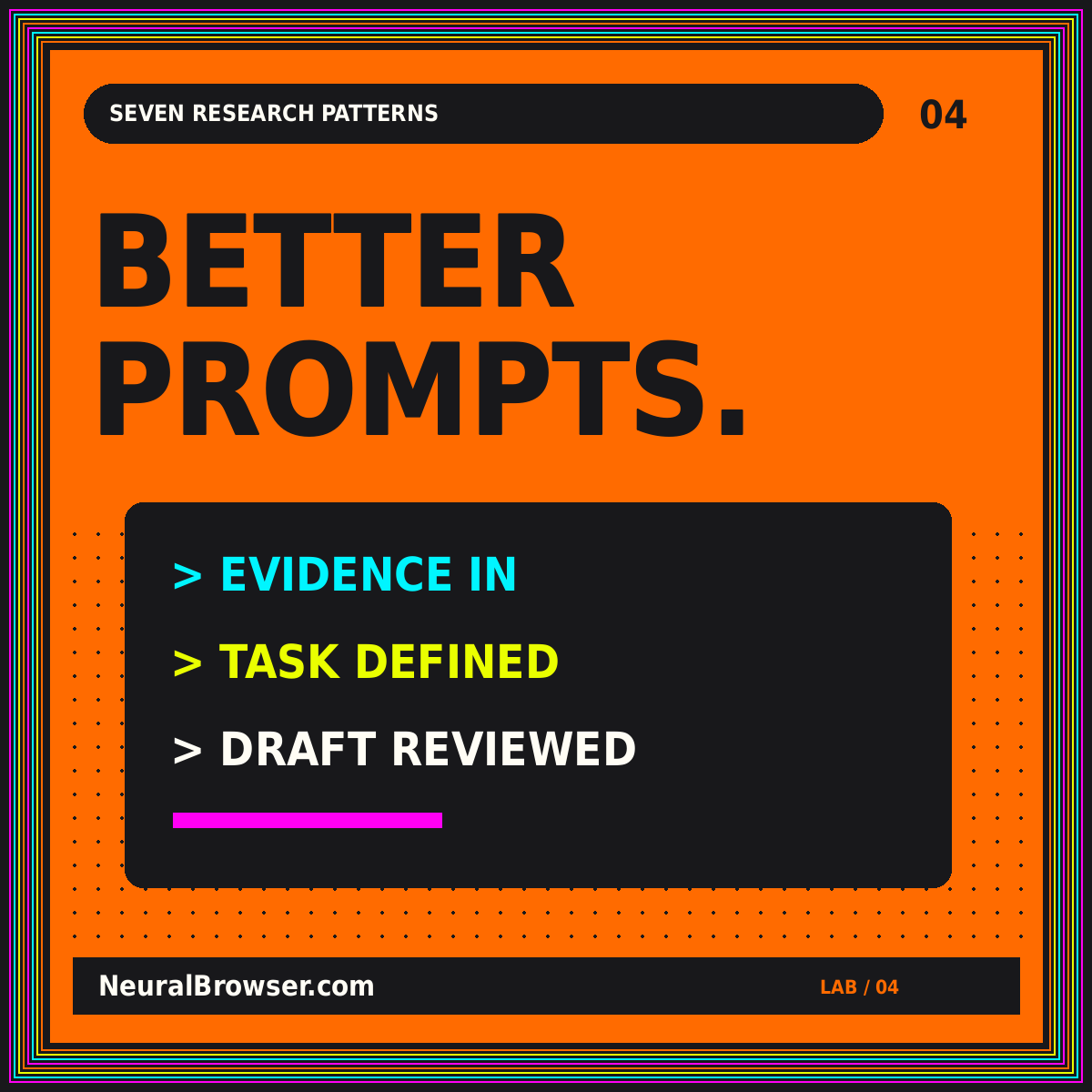 NeuralBrowser.com neon editorial card: Better Prompts