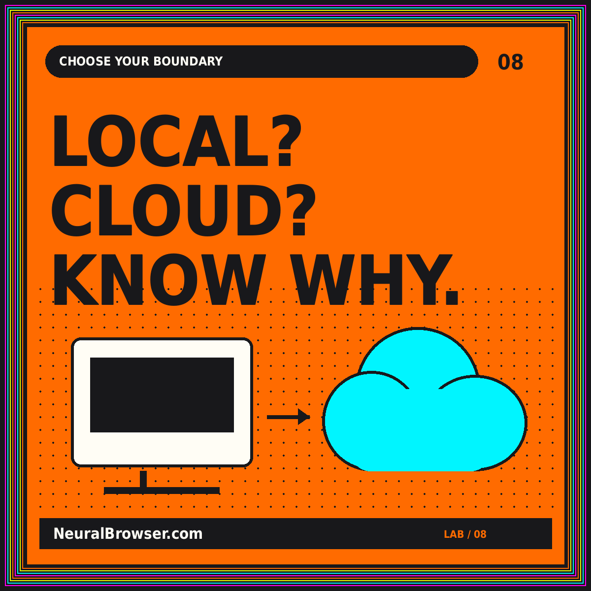 NeuralBrowser.com neon editorial card: Local? Cloud? Know Why
